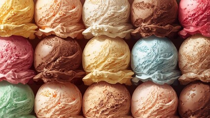 A realistic and detailed illustration of multiple scoops of ice cream in various flavors and colors, stacked or arranged neatly, creamy texture with subtle melting, vibrant and appetizing