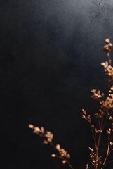 Delicate dried flowers casting subtle shadows on dark textured background surface