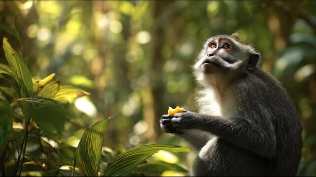 Curious primate in a sunlit jungle eats a bite of fruit amid dense green foliage, alert and focused