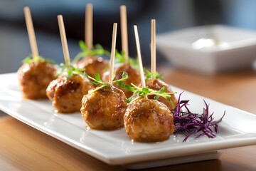 Halal chicken meatballs served on toothpicks as appetizers festive party food catering