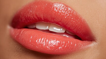 Macro shot of woman's lips with glossy coral lipstick showing white teeth