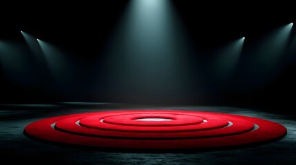 Empty TED style stage with iconic red circular carpet modern inspirational speaking venue event design