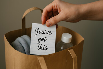 Corporate social responsibility initiative showing a hand placing a motivational card into a care package for community support and charitable donation program logistics.