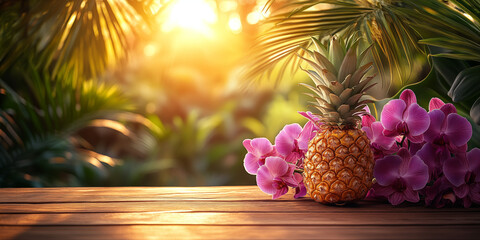 A fresh ripe pineapple beautifully placed on a rustic wooden table with purple orchid flowers and palm leaves in the background. Warm golden sunset light creates a relaxing summer tropical atmosphere