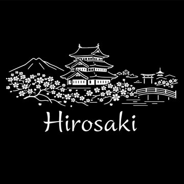 Hirosaki Castle with cherry blossoms and Mount Iwaki vector illustration