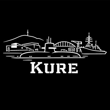 Kure city naval port skyline with submarine vector illustration