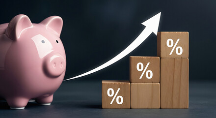 Pink piggy bank with arrow pointing to stacked wooden blocks with percentage signs transparent background