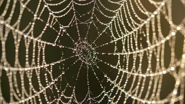 Close-up of a spider web covered in glistening water droplets, with a dark background
