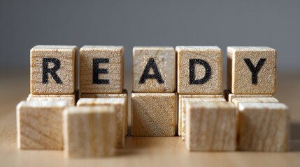 The word READY spelled out with wooden letter blocks on a blurred background