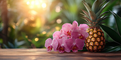 A fresh ripe pineapple beautifully placed on a rustic wooden table with purple orchid flowers and palm leaves in the background. Warm golden sunset light creates a relaxing summer tropical atmosphere