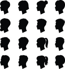 Male and female profile head silhouettes set with diverse hairstyles human face icons collection isolated on white background vector illustration © Creative Asif