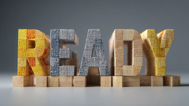 3D textured letters spelling READY on wooden blocks against a grey background - Powered by Adobe