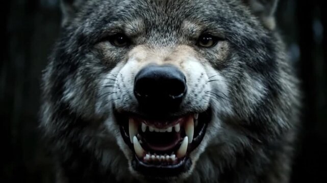 Intense close-up of a snarling gray wolf with bared fangs
