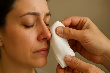 Professional patient support and counseling services showing a hand wiping tears from a woman's face to represent mental health wellness and empathy in corporate environments.