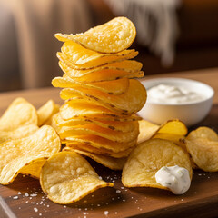 Delicious stack of crispy potato chips with salt and dip