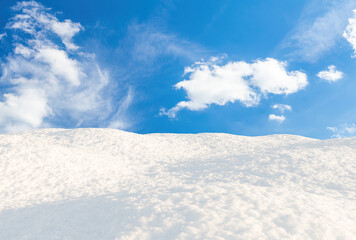 Bright snowy hills under blue sky landscape. 3D rendering.