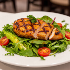 Grilled chicken breast on fresh mixed greens salad with tomatoes