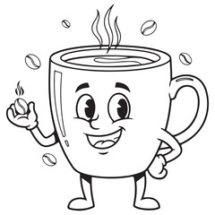 Cartoon Coffee Cup Character Holding Bean with Steam