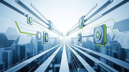 Futuristic cityscape with sleek technology and neon green accents speeding into the future