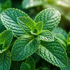 Fresh mint leaves with dew drops in a lush green garden setting