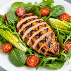 Grilled chicken breast on fresh mixed greens salad with cherry tomatoes