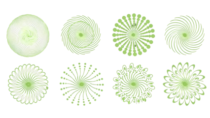 Set Of 8 Green Abstract Radial Patterns On Black Background