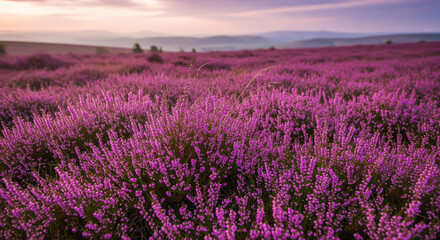 Vibrant purple heather flowers in a serene landscape at sunset