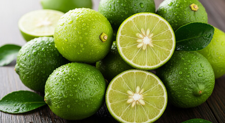 Fresh limes with water droplets on a wooden surface