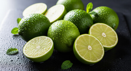 Fresh limes with water droplets on a dark surface with mint leaves