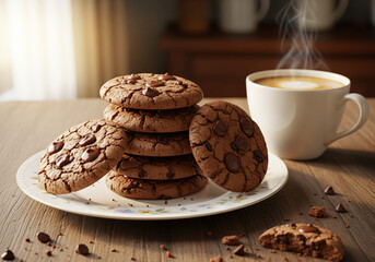 Delicious chocolate chip cookies on a plate with steaming coffee