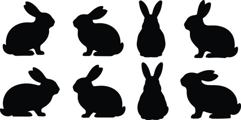 Rabbit silhouette collection, cute bunny animal vector set, wild and pet rabbits, black outline graphic illustration for Easter design