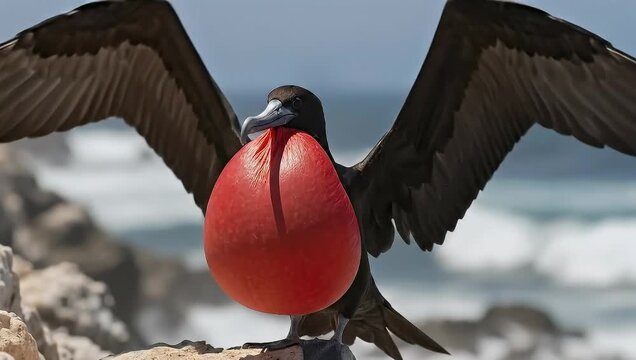 Magnificent frigatebird with inflated red gular pouch displaying wings on rocky coast