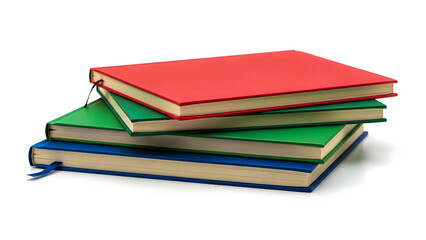 Stack of colorful books with hardcovers and bookmarks, viewed from the side on a plain background