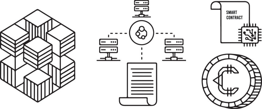 Blockchain cube, distributed nodes, smart contract document, crypto coin.