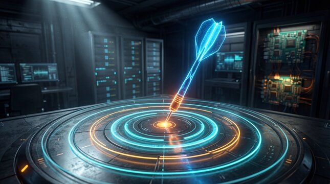 3D render of glowing neon dart hitting futuristic target bullseye in dark server room - Powered by Adobe