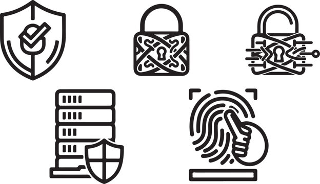 Cybersecurity shield, encryption lock, secure server, fingerprint scan.