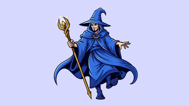 Blue-Robed Wizard with Staff Casting a Spell.