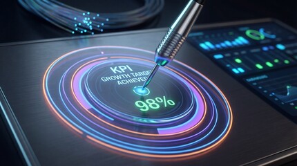 Futuristic Stylus Tapping Digital KPI Growth Target Display showing 98%, 3D Render