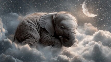 A gentle baby elephant sleeps on fluffy clouds under a silver crescent moon in a dreamy starry night