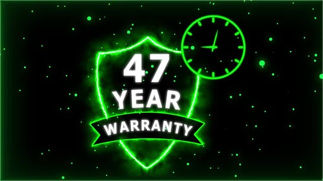 Neon Glowing Shield Badge with 47 Year Warranty Text and Clock Animation on black Futuristic Background.