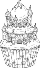 Fototapeta premium Black-and-white coloring page cupcake shaped like a castle creative line art illustration whimsical detailed fantasy