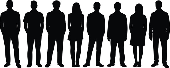 Silhouette business people group, professional men and women standing together, modern corporate team illustration, office workers collection, company staff workforce vector design