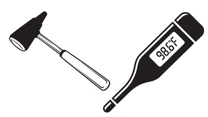 Professional clinical diagnostic tools featuring a reflex hammer and a digital clinical thermometer for medical health checkups and commercial healthcare business insurance services branding.