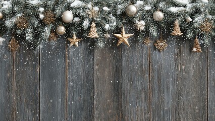 Festive christmas background with snowy pine garland and gold ornaments on rustic wood
