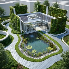 Modern glass house with pond and greenery