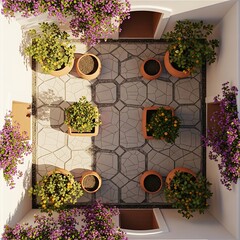 Serene patio with potted plants and floral decor