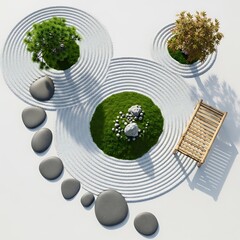Serene zen garden with circular patterns and stones