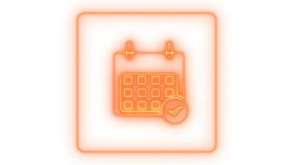 Colorful neon outline calendar icon with a confirmed checkmark representing scheduling, appointments, deadlines, and successful task completion, isolated on transparent background.