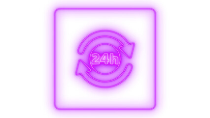 Neon 24h service support icon with circular refresh arrows, representing continuous customer assistance and constant availability, vector illustration isolated on transparent background.