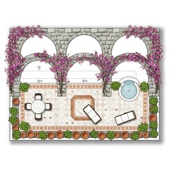 Serene patio design with arches and fountain